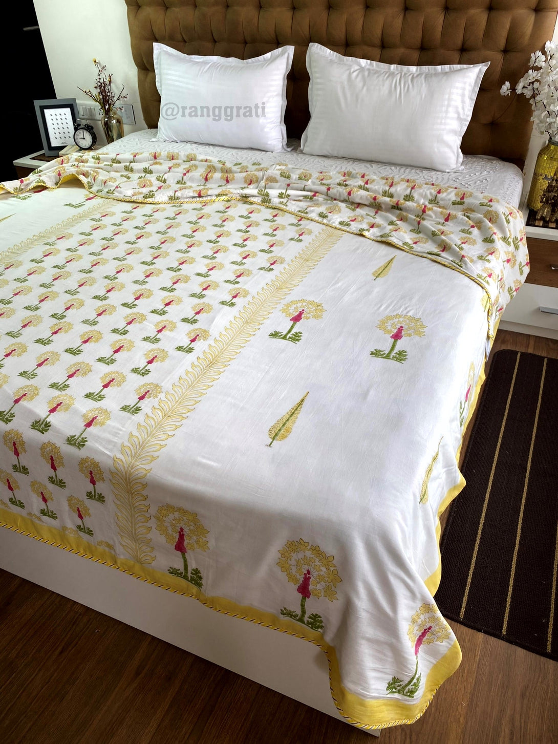 Yellow Floral Dohar For Double Bed In Mulmul Cotton Reversible King Size - Dohar