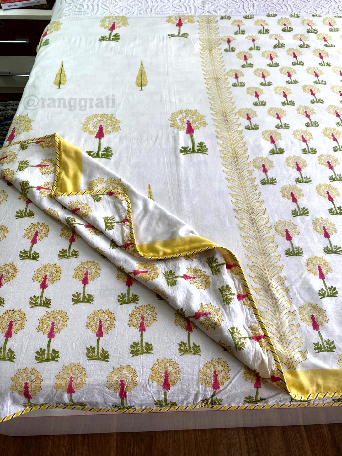 Yellow Floral Dohar For Double Bed In Mulmul Cotton Reversible King Size - Dohar