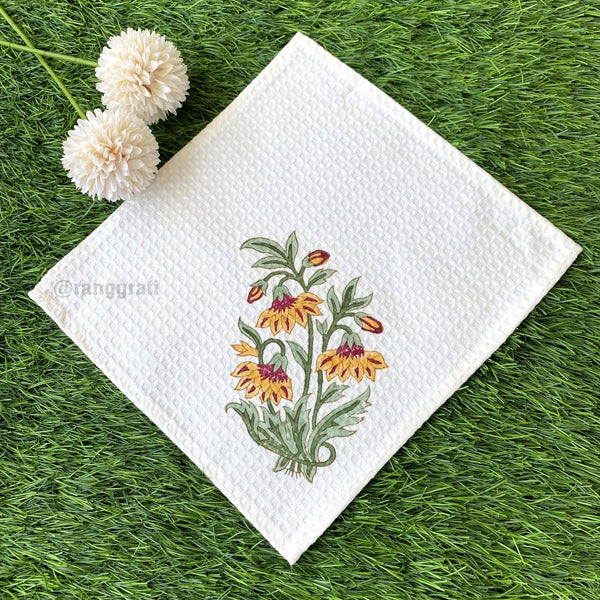 Yellow Floral Face Towel Hand Block Printed Pure Cotton - Face Towel