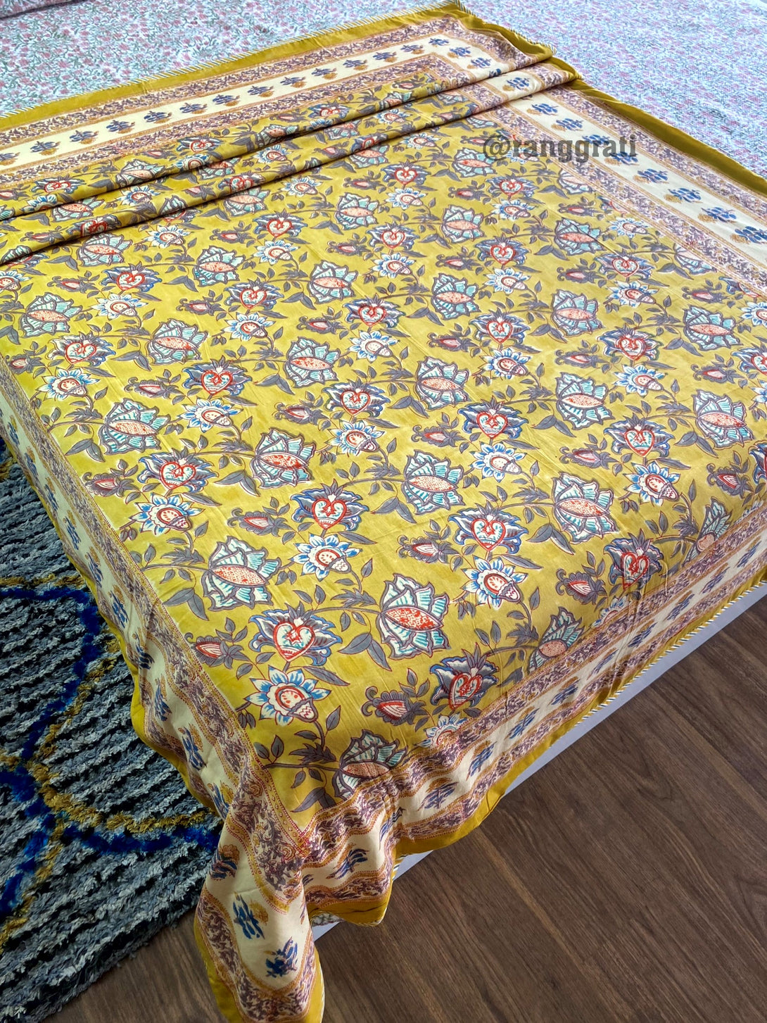 Yellow Floral Dohar For Single Bed In Mulmul Cotton Reversible