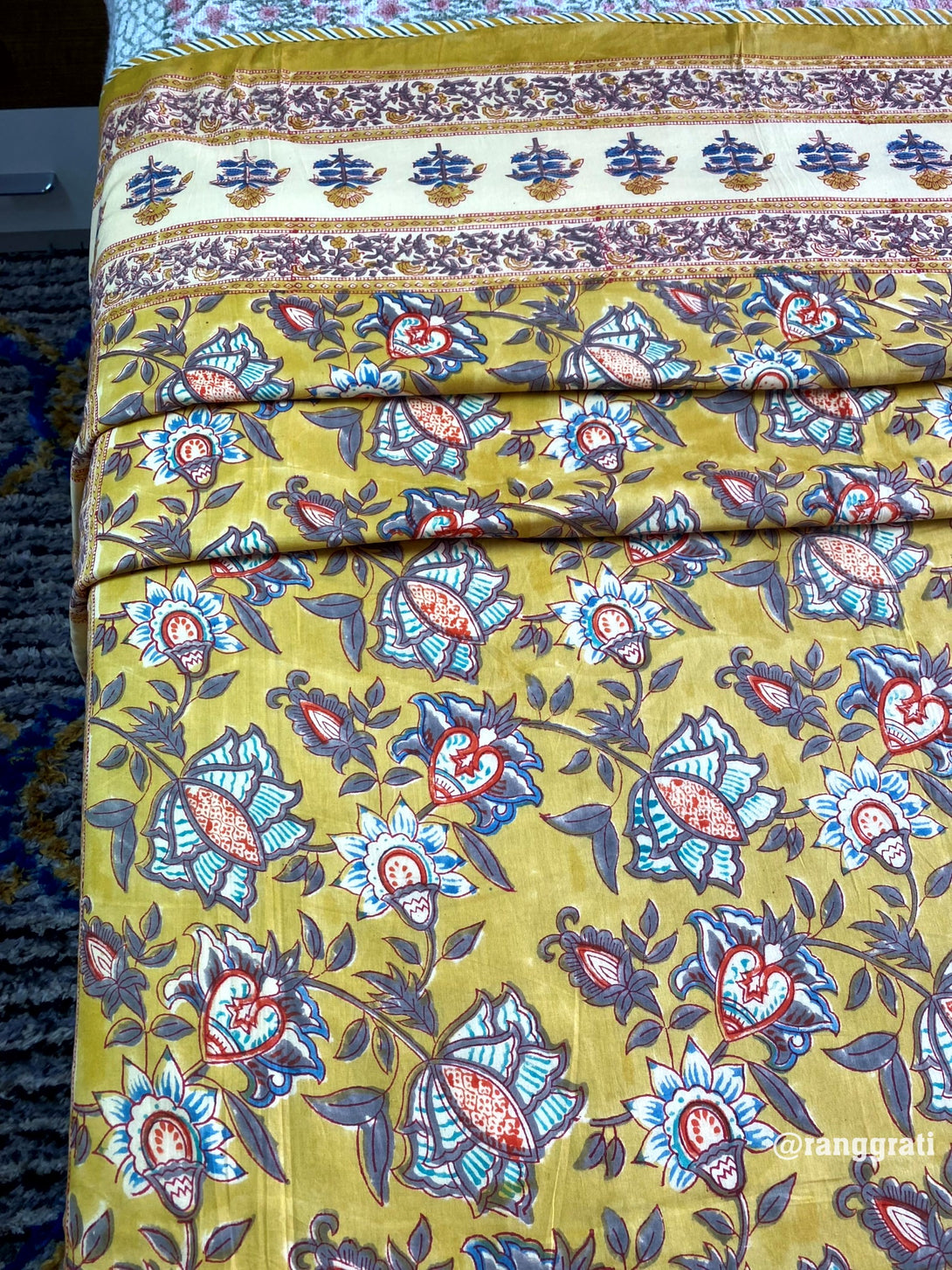 Reversible yellow floral dohar for single bed in mulmul cotton