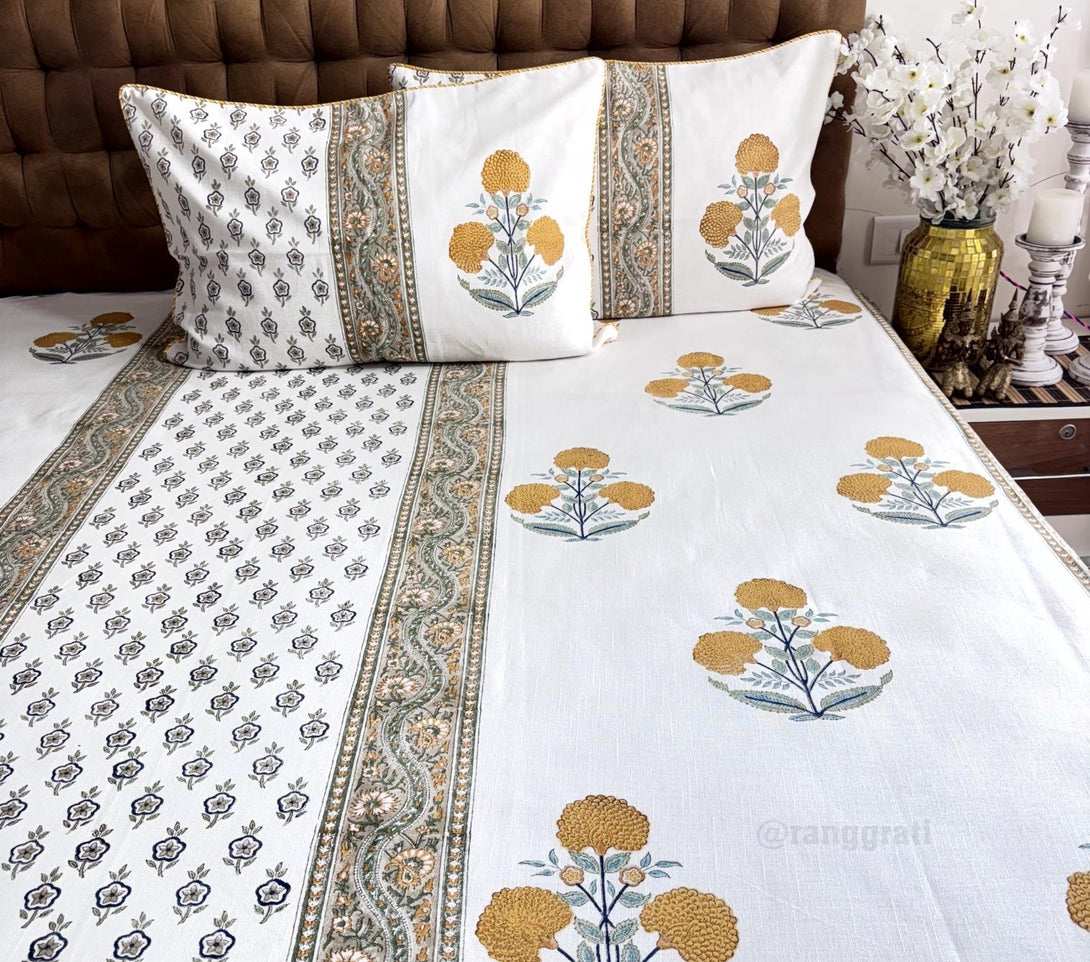 Yellow Floral Slub Cotton Bedcover King Size - Bedcover