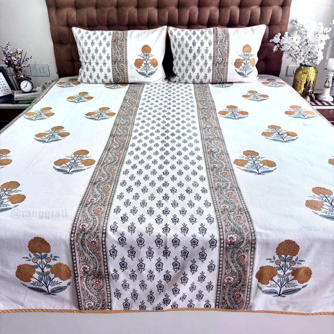 Yellow Floral Slub Cotton Bedcover King Size - Bedcover