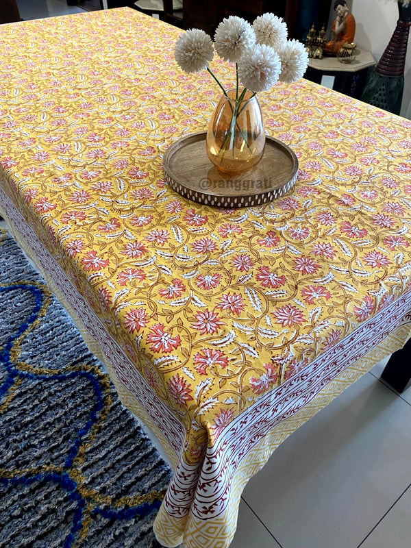 Yellow Floral Table Cover 6 Seater Dining Table Rectangular - Table Cover