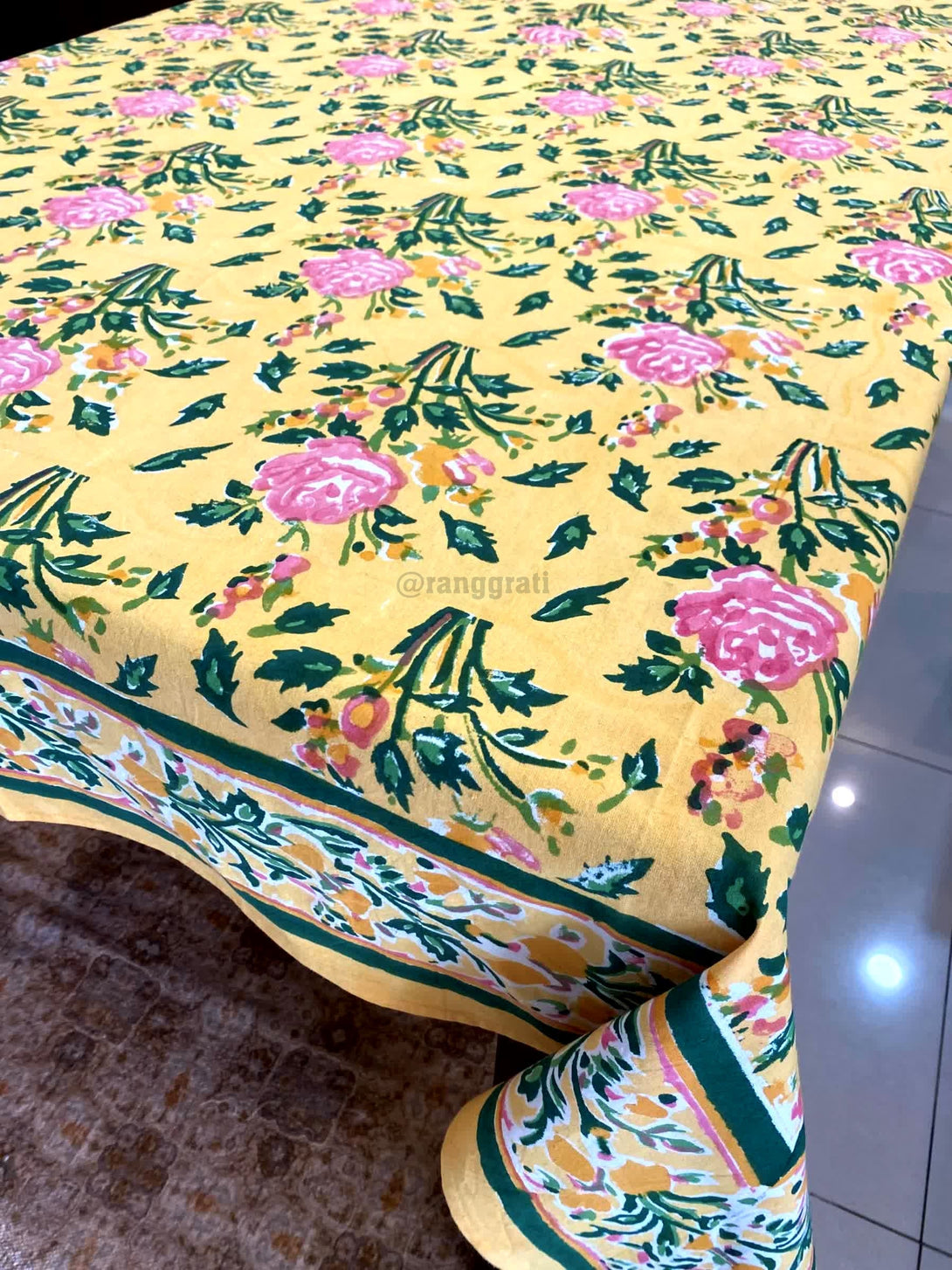 Yellow Floral Table Cover Cloth 6 Seater Dining Table Rectangular - Table Cover