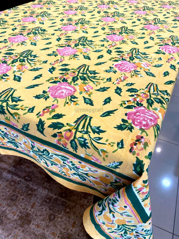 Yellow Floral Table Cover Cloth 6 Seater Dining Table Rectangular - Table Cover