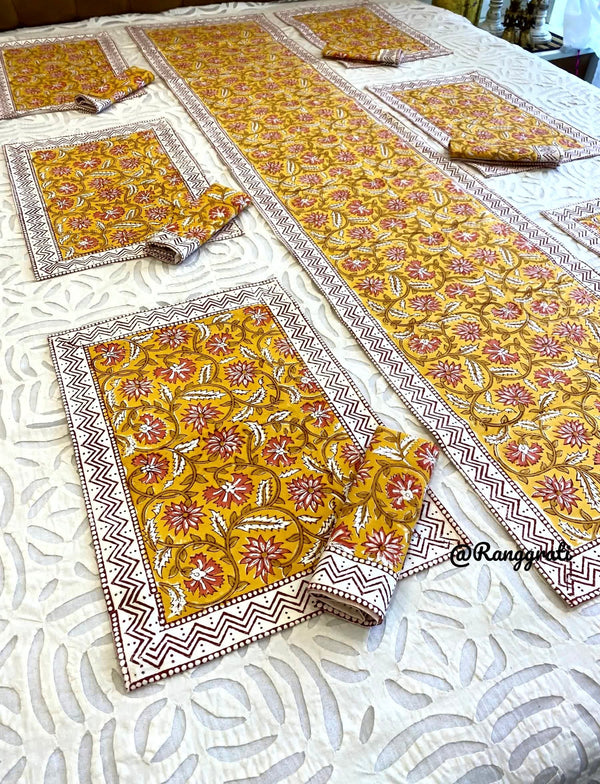Yellow Floral Table Runner With 6 Table Mats and 6 Napkins - Table Runner Set