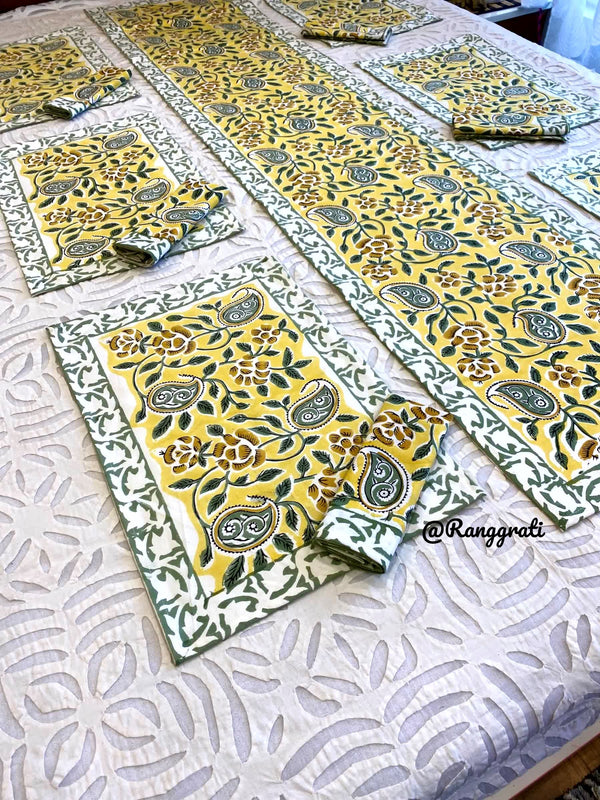 Yellow Green Paisley Table Runner With 6 Table Mats and 6 Napkins - Table Runner Set