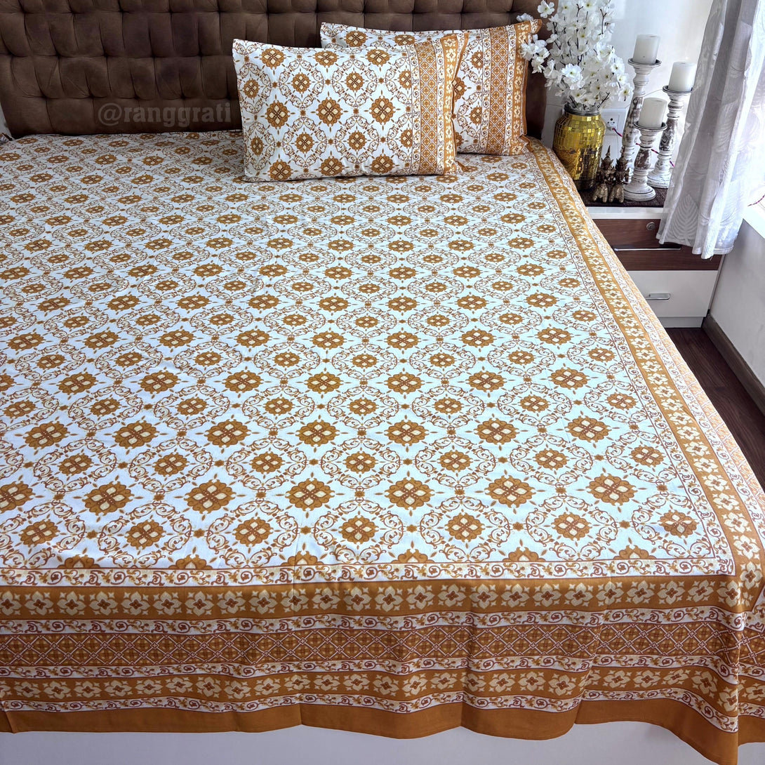Yellow Honeycomb Jaipuri Cotton Bedsheet Super King Size - Bedsheet