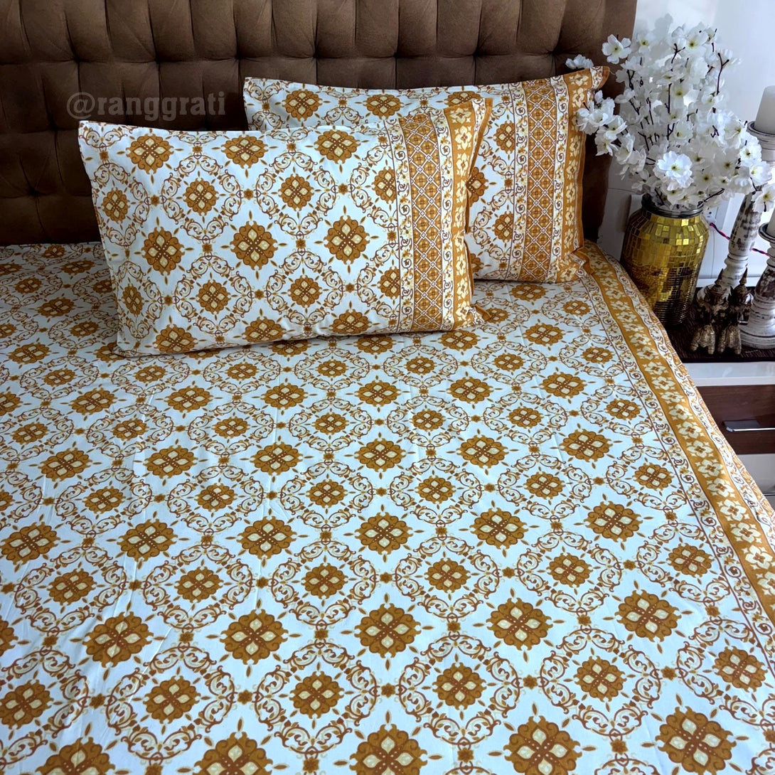 Yellow Honeycomb Jaipuri Cotton Bedsheet Super King Size - Bedsheet