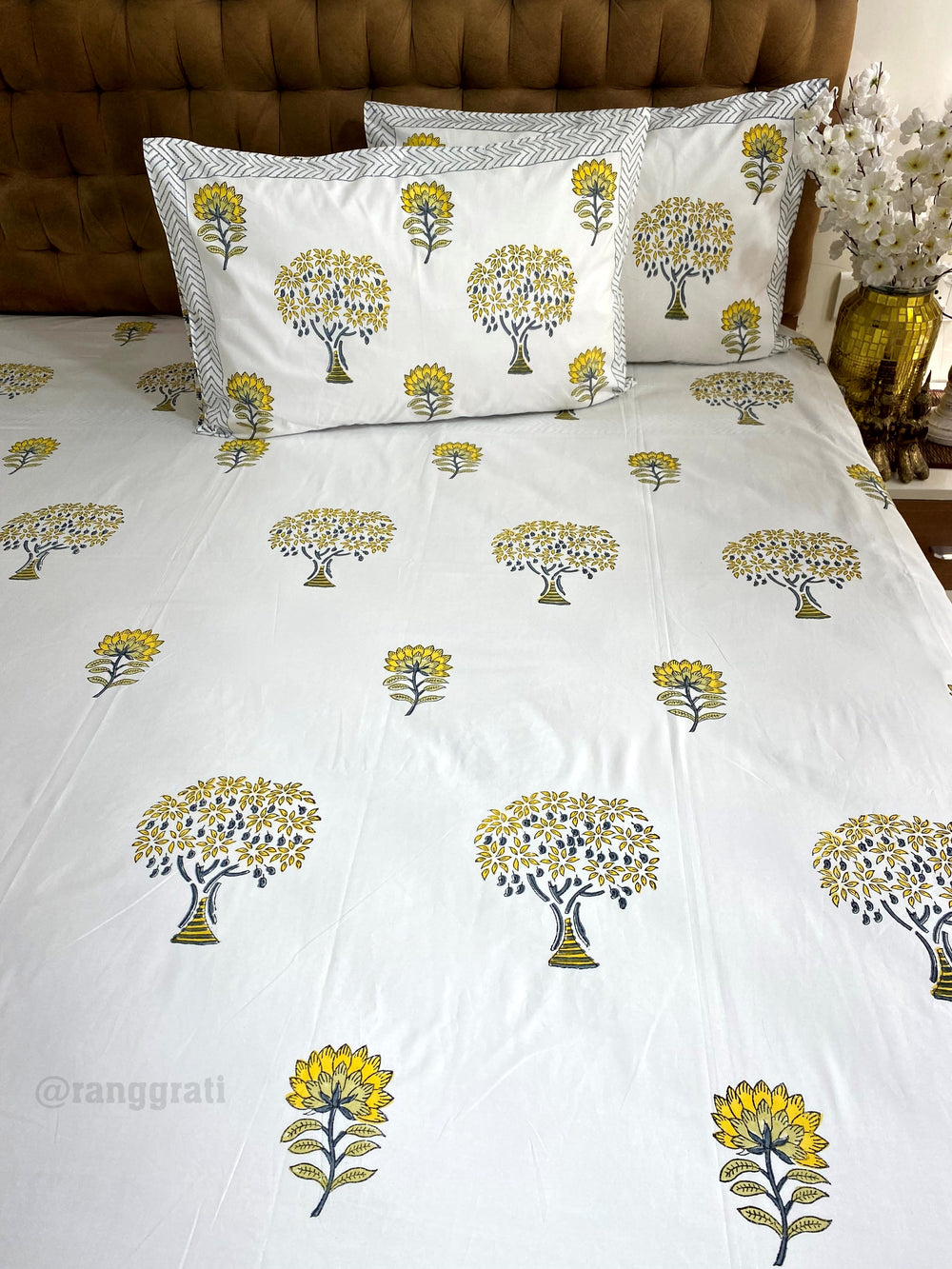 Yellow Mango Tree Hand Block Cotton Bedsheet King Size