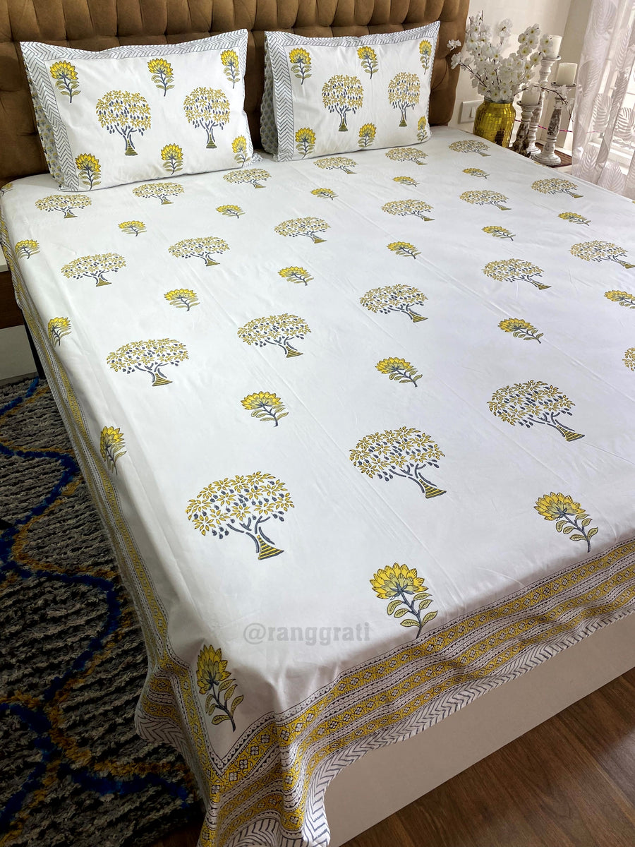 Yellow Mango Tree Hand Block Cotton King Size Bedsheet