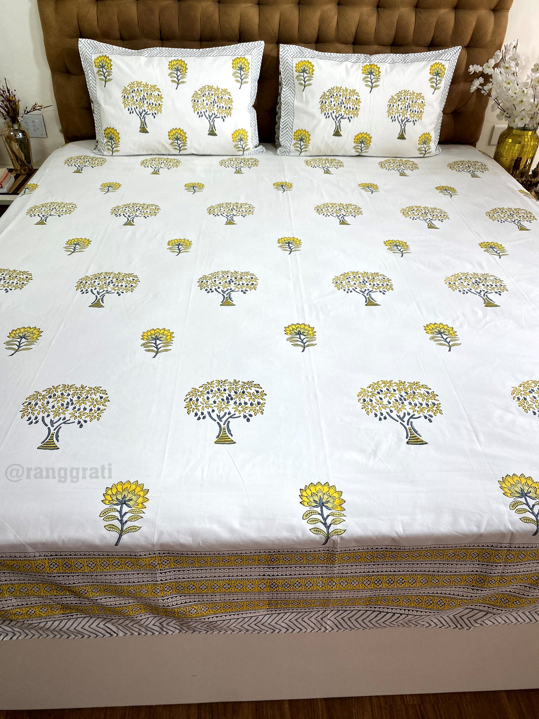 King Size Yellow Mango Tree Hand Block Cotton Bedsheet