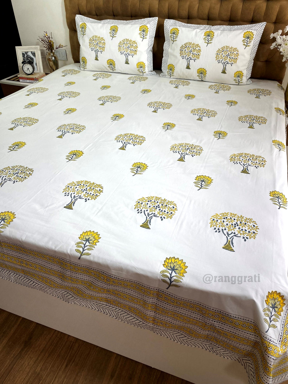 Hand Block Cotton Yellow Mango Tree King Size Bedsheet