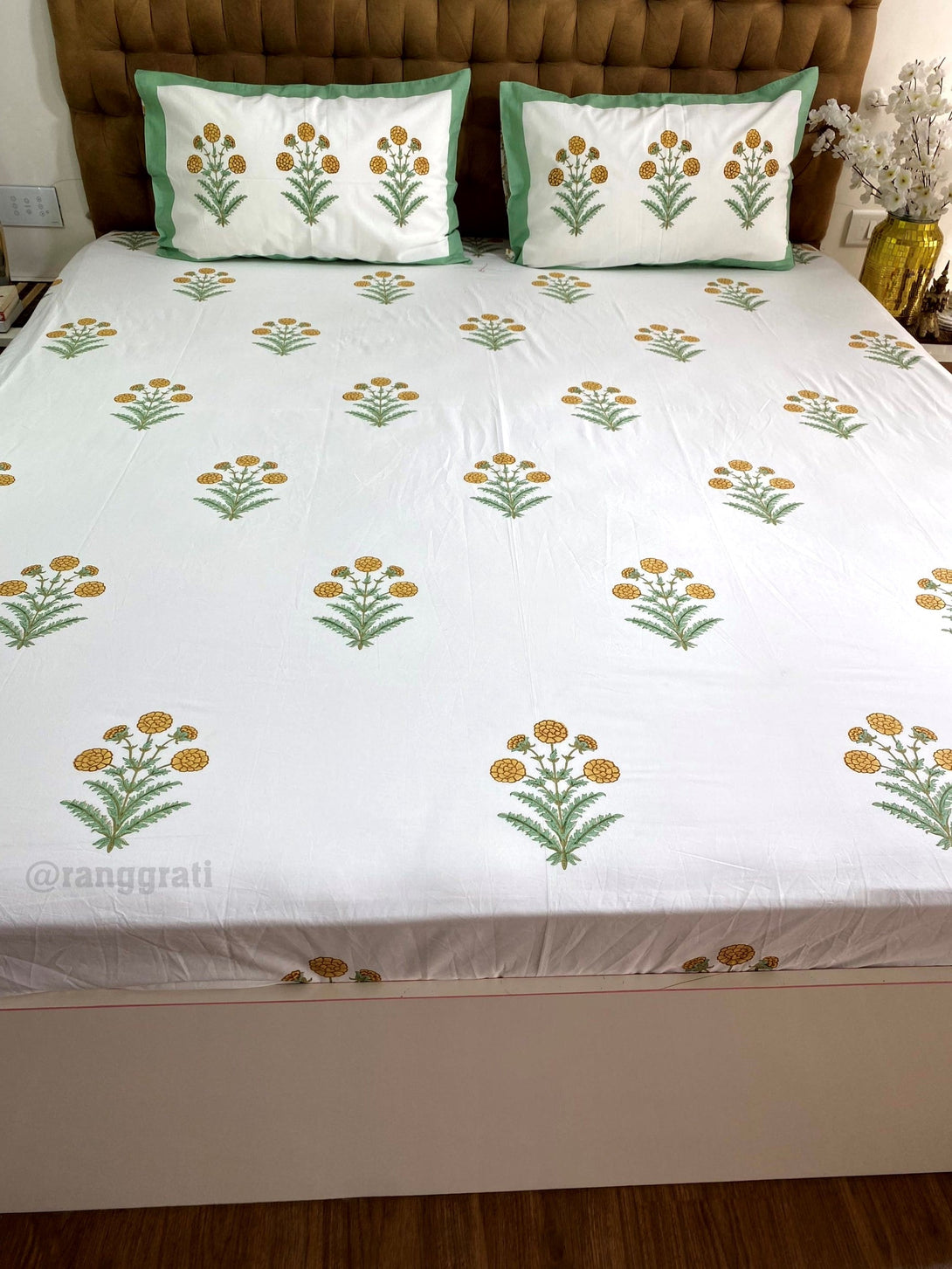 Yellow Marigold Cotton Elastic Fitted Bedsheet King Size Hand Block - Bedsheet