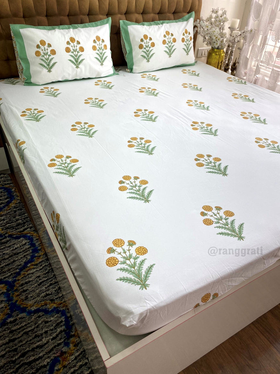 Yellow Marigold Cotton Elastic Fitted Bedsheet King Size Hand Block