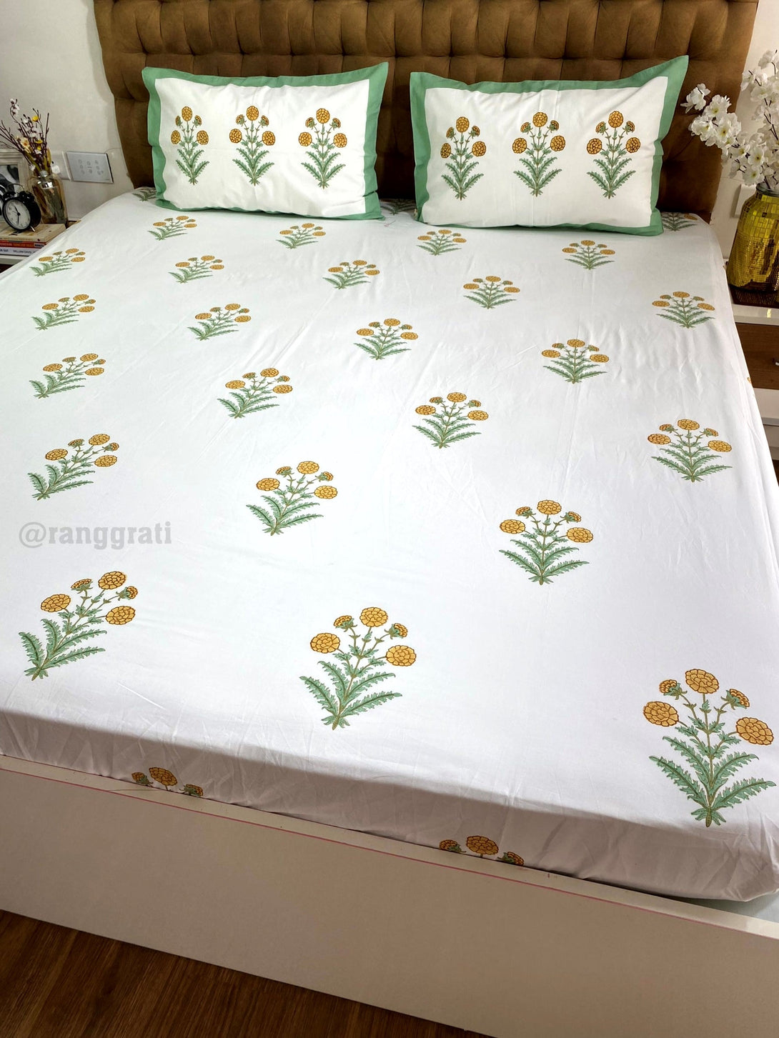 Yellow Marigold Cotton Elastic Fitted Bedsheet King Size Hand Block - Bedsheet