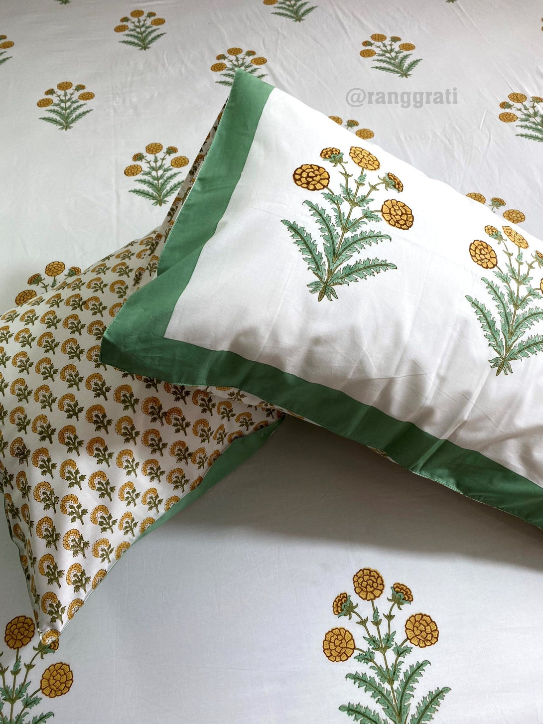 Yellow Marigold Cotton Elastic Fitted Bedsheet King Size Hand Block - Bedsheet