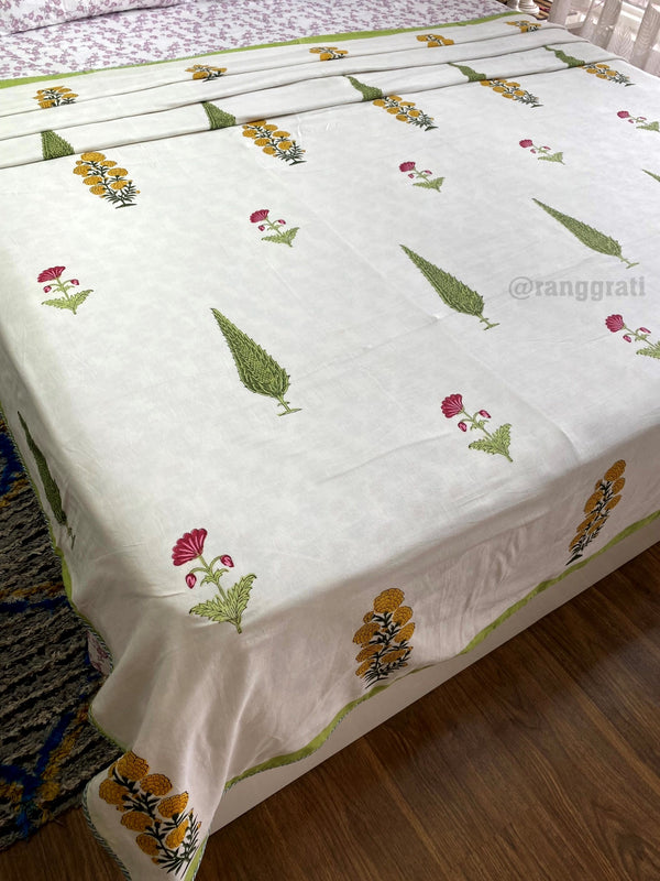 Yellow Marigold Green Pine Dohar For Double Bed In Mulmul Cotton King Size