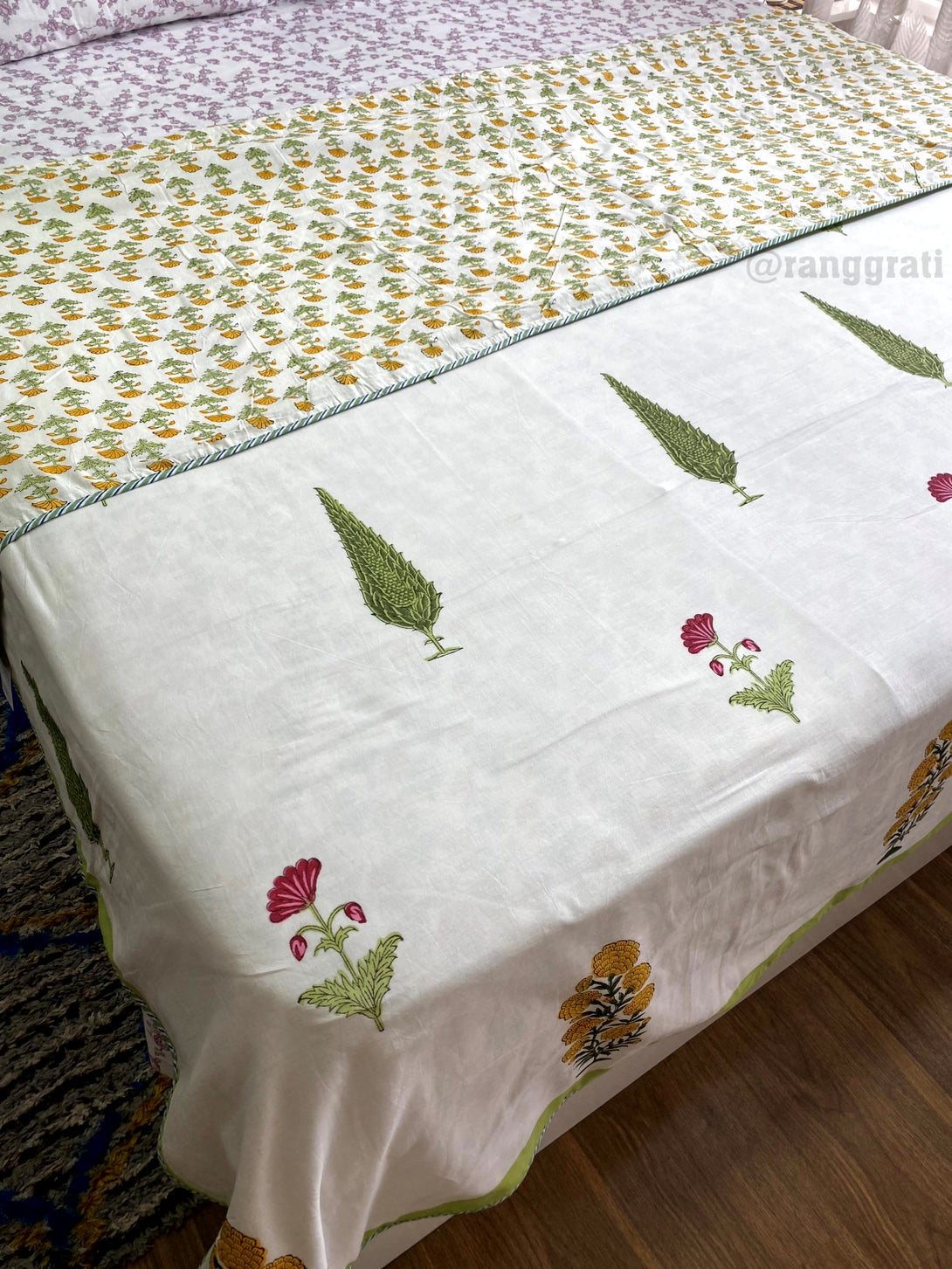 Yellow Marigold Green Pine Dohar For Double Bed In Mulmul Cotton Reversible King Size