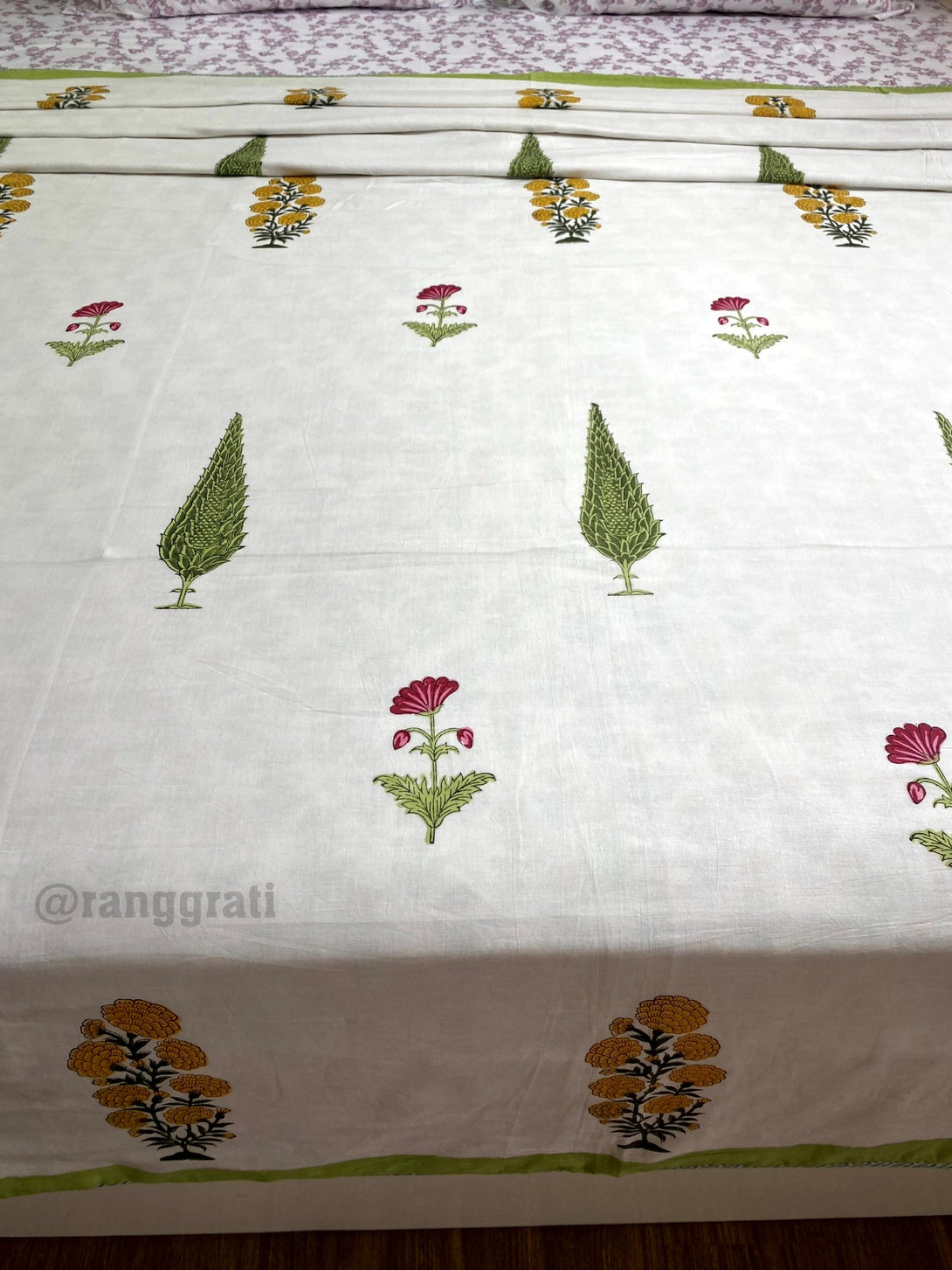 King Size Yellow Marigold Green Pine Dohar For Double Bed In Mulmul Cotton