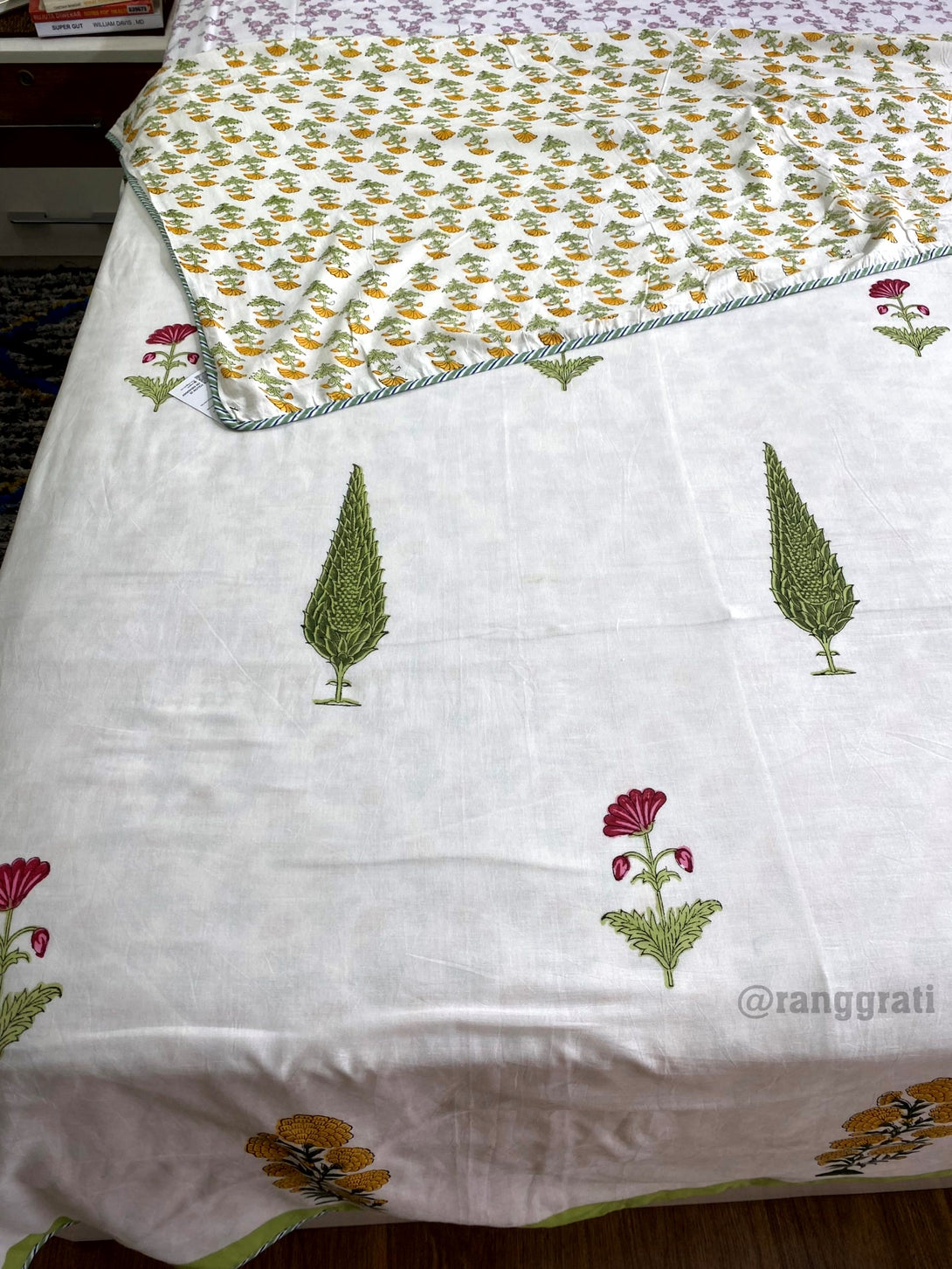 Yellow Marigold Green Pine Dohar For Double Bed Reversible King Size