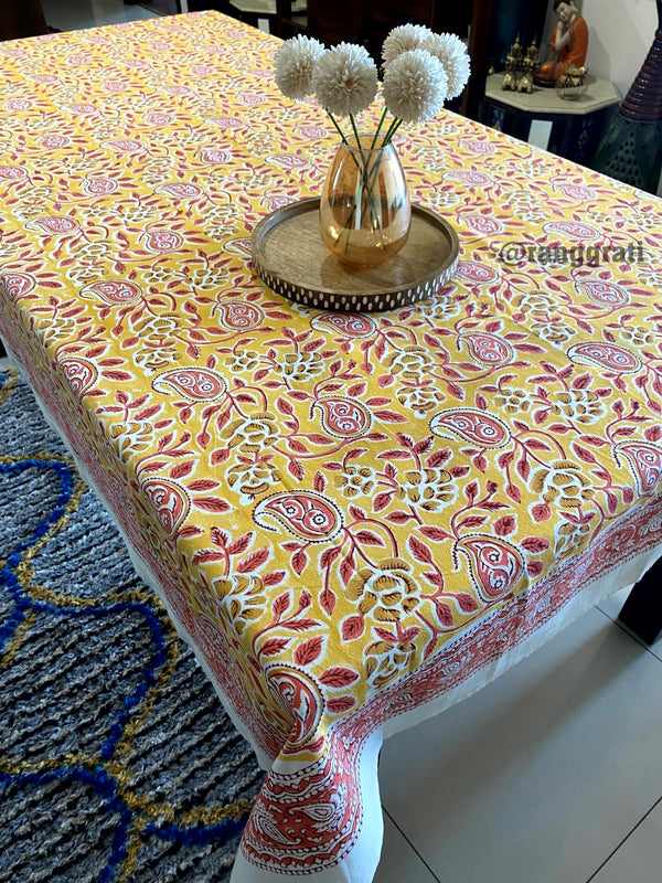 Yellow Paisley Table Cover Cloth 6 Seater Dining Table Rectangular