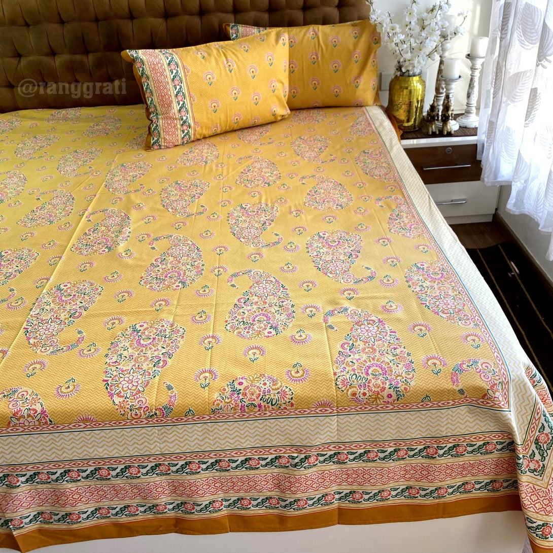 Yellow Paisley Jaipuri Cotton Bedsheet Super King Size - Bedsheet