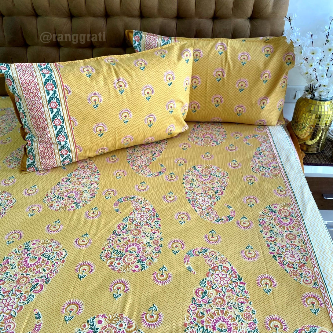 Yellow Paisley Jaipuri Cotton Bedsheet Super King Size - Bedsheet
