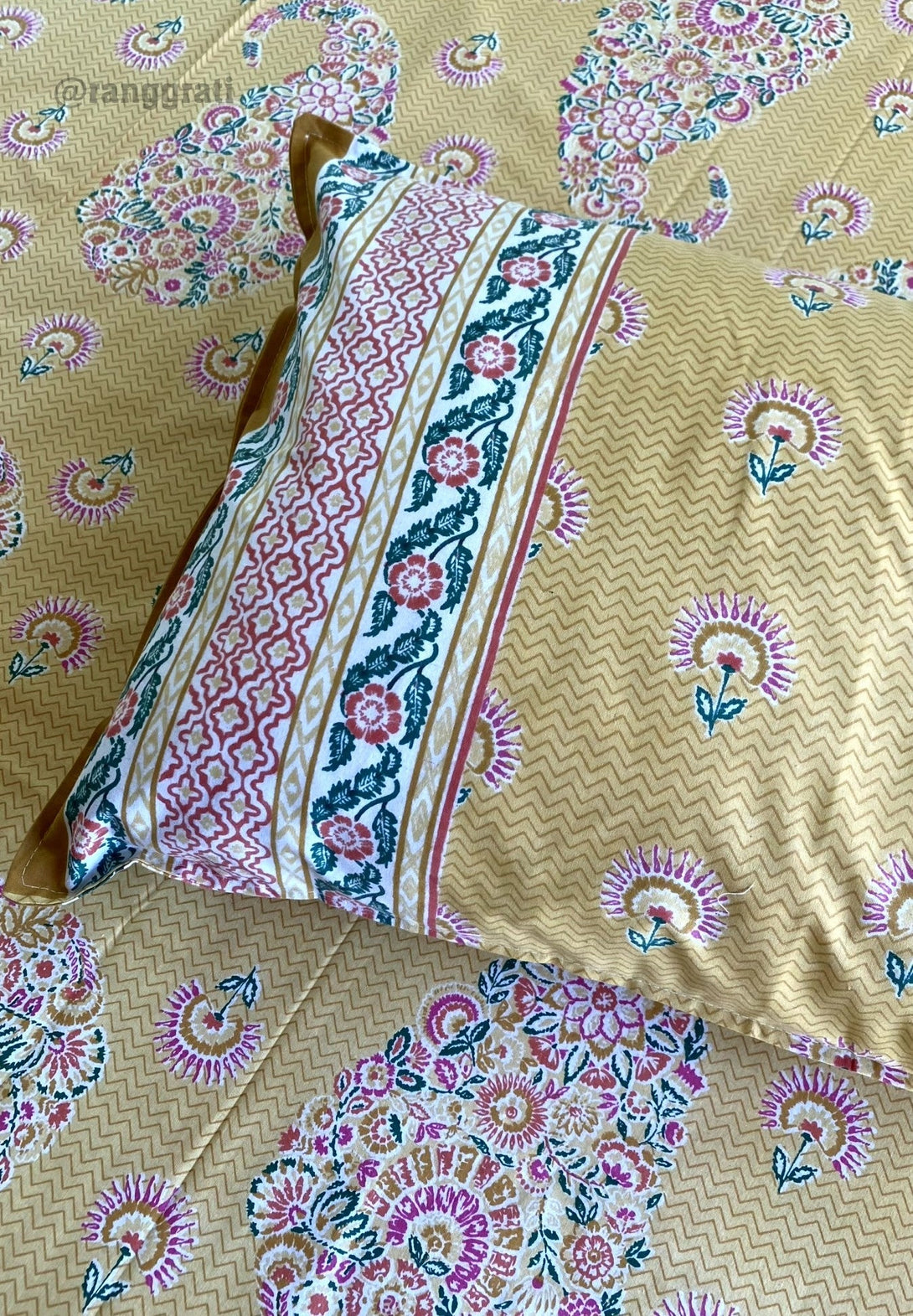 Yellow Paisley Jaipuri Cotton Bedsheet Super King Size - Bedsheet