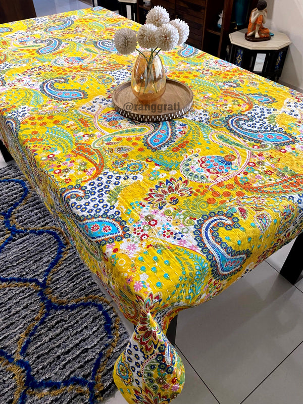 Yellow Paisley Table Cover Cloth 6 Seater Dining Table Kantha Rectangular