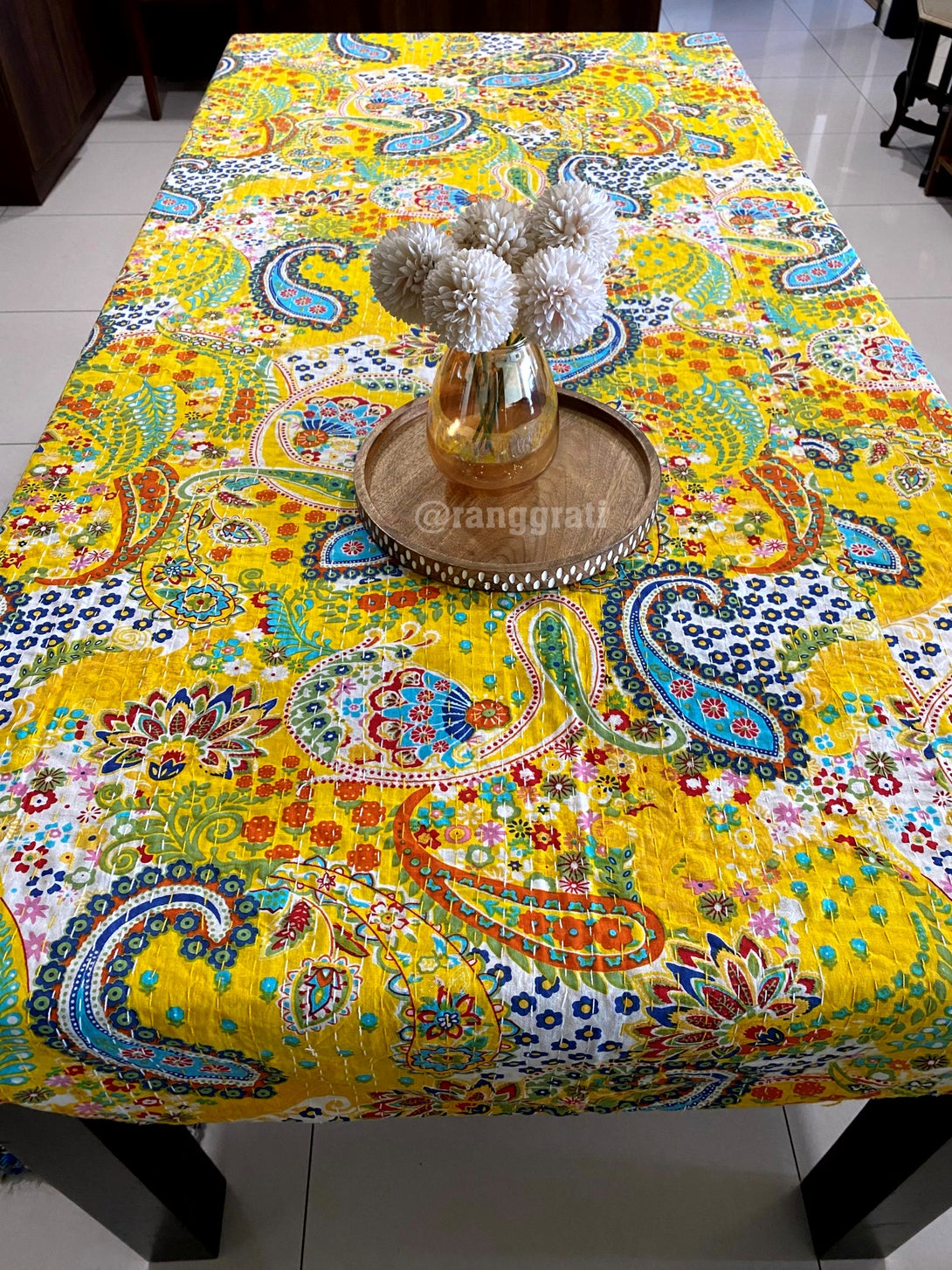 Yellow Paisley Table Cover Cloth 6 Seater 