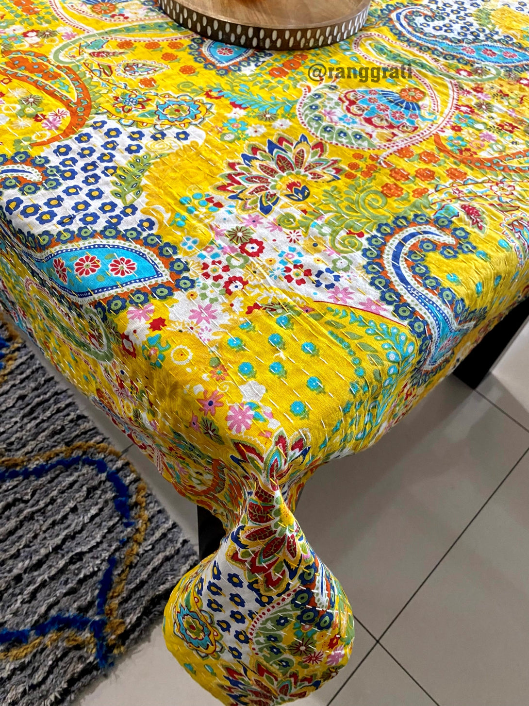 6 Seater Yellow Paisley Table Cover Cloth Kantha Rectangular