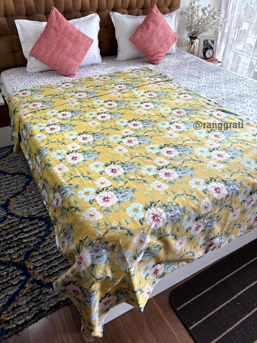 Yellow-Pale Pink Floral  Cotton Dohar – Lightweight Reversible AC Dohar for Single Bed