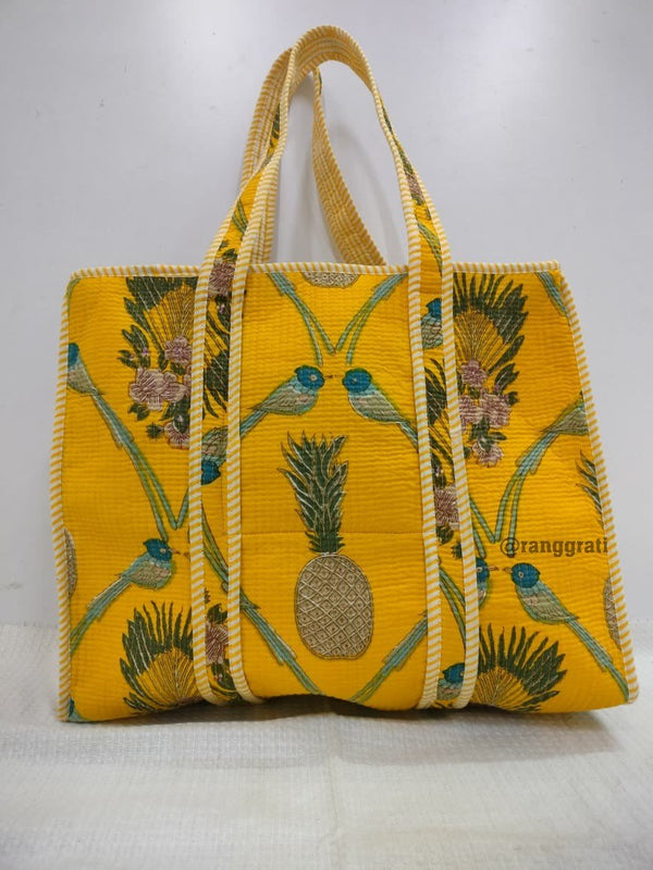 Yellow Pineapple Tote Bag quilted Hand Block Printed Cotton with Zip Online - Tote Bag