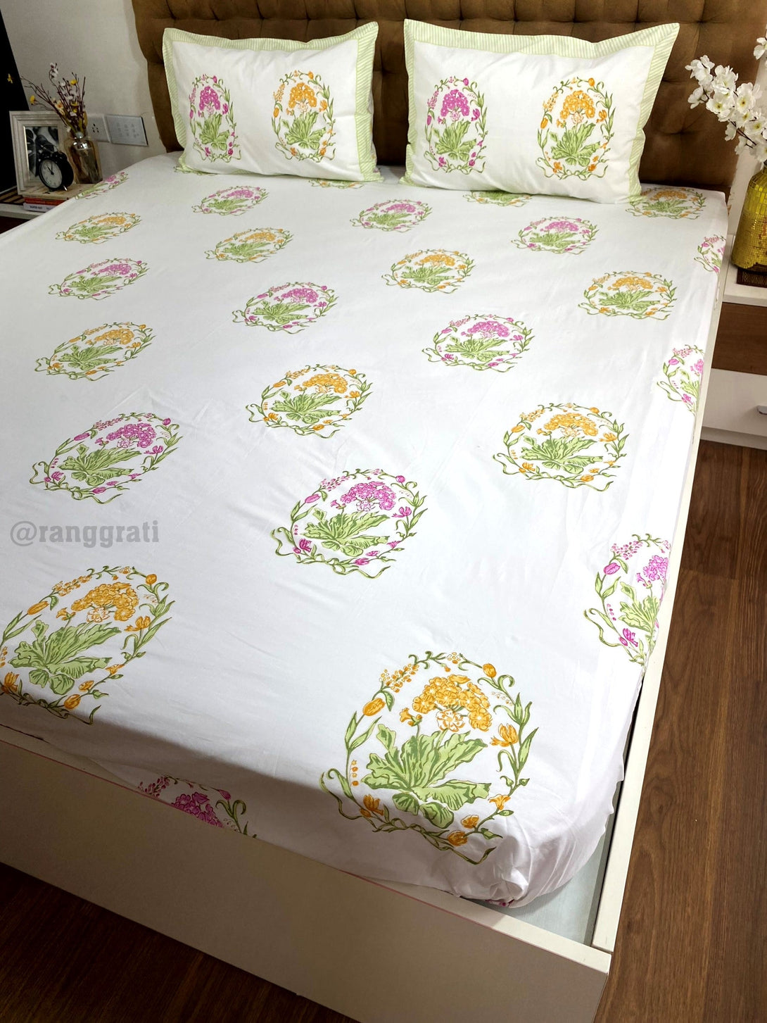 Yellow Pink Floral Cotton Elastic Fitted Bedsheet King Size Hand Block - Bedsheet