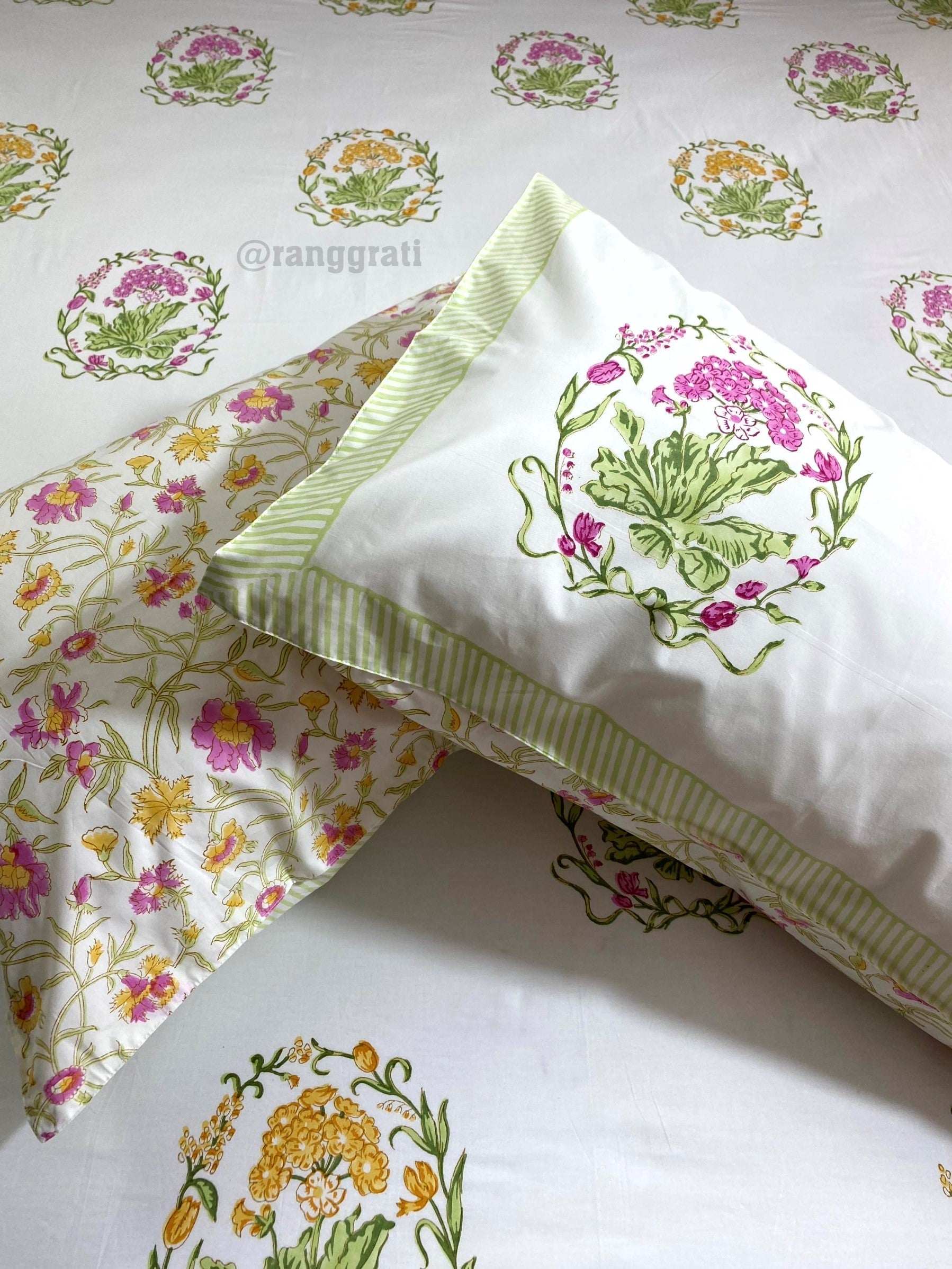 Yellow Pink Floral Cotton Elastic Fitted Bedsheet King Size Hand Block - Bedsheet