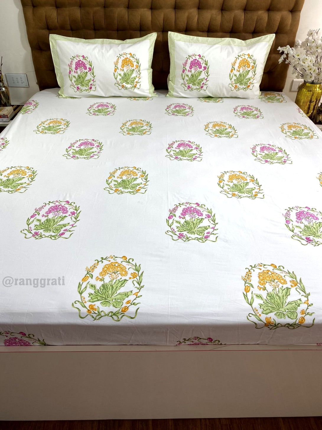 Yellow Pink Floral Cotton Elastic Fitted Bedsheet King Size Hand Block - Bedsheet