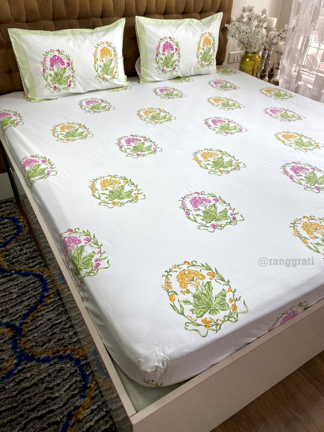 Yellow Pink Floral Cotton Elastic Fitted Bedsheet King Size Hand Block - Bedsheet