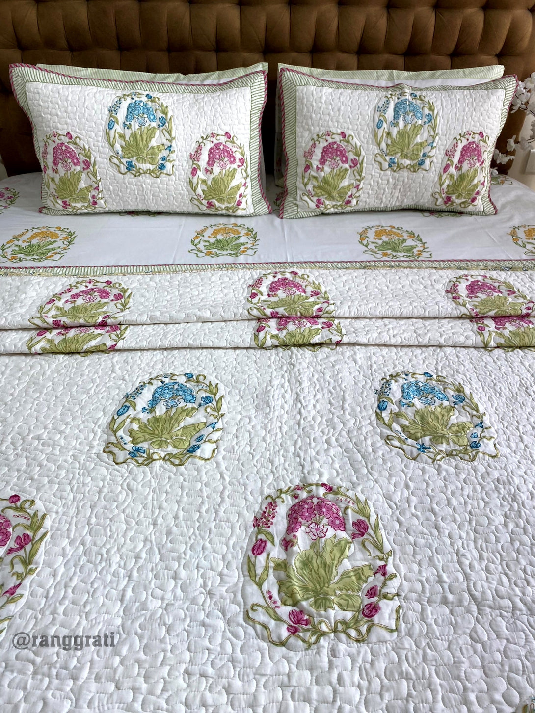 Blue & Pink Floral Percale Bedsheet with Quilted Mulmul Bedcover