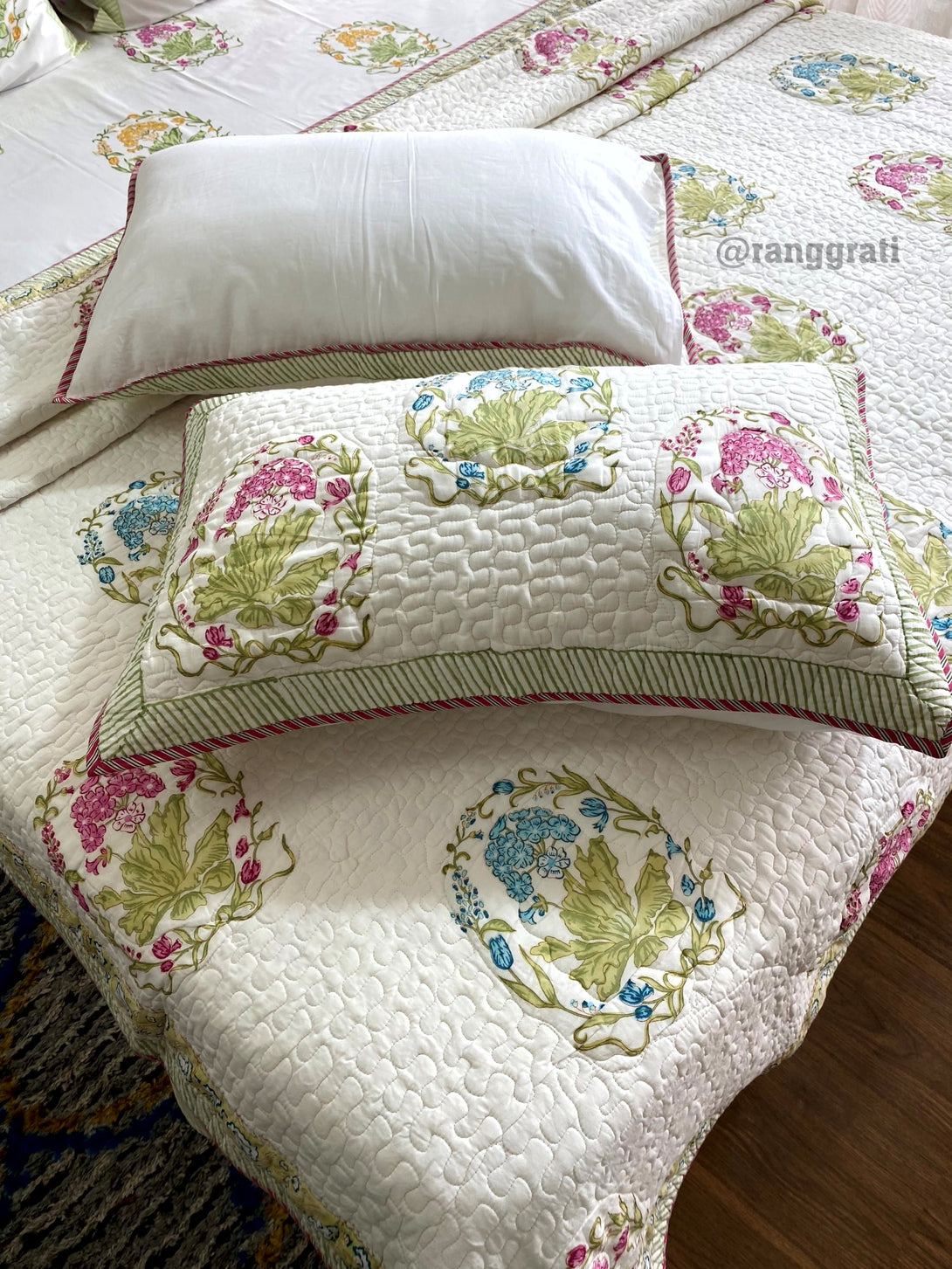Blue & Pink Floral Percale Bedsheet with Quilted Mulmul Bedcover