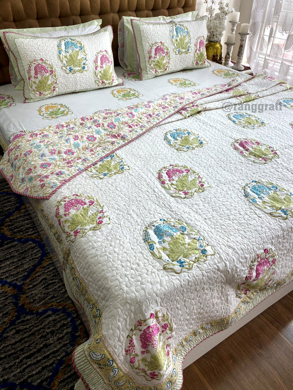 Floral Blue and Pink Bedsheet Set with a Matching Quilted Cover