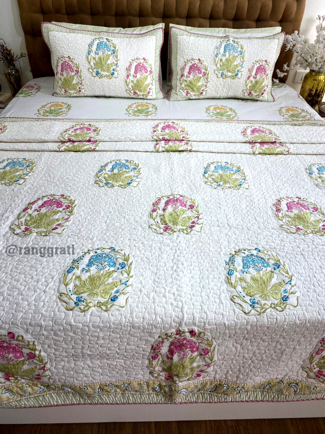 Hand-Block Printed Floral Bedsheet Set in Blue and Pink Tones