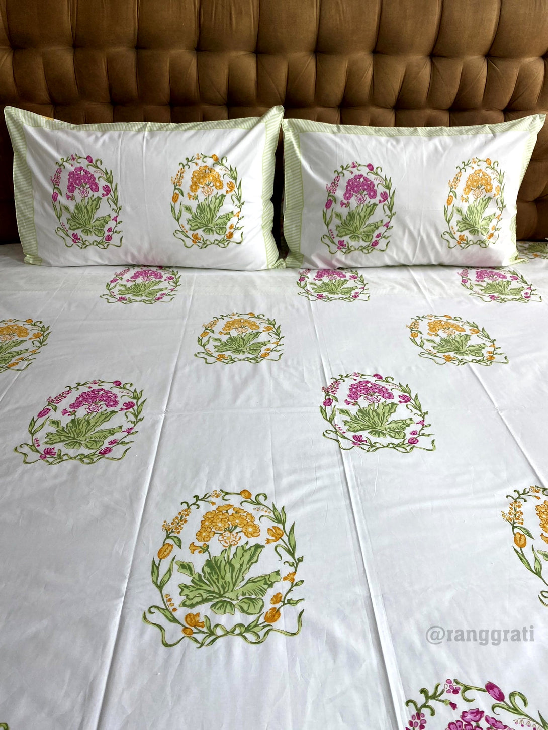 Yellow & Pink Floral Percale Bedsheet with Quilted Mulmul Bedcover