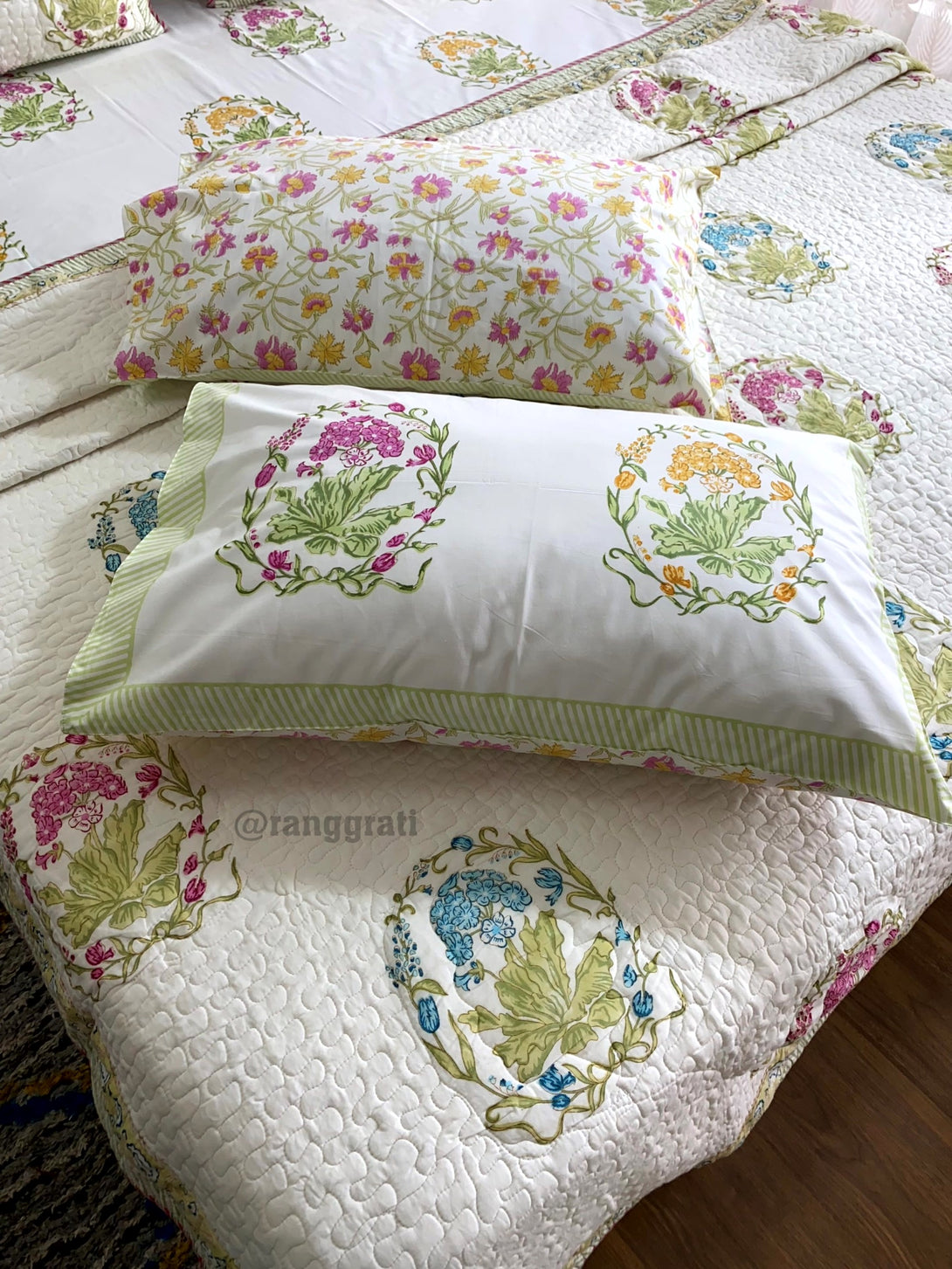 Yellow Pink Floral Bedsheet With Matching Quilted Bedcover Set