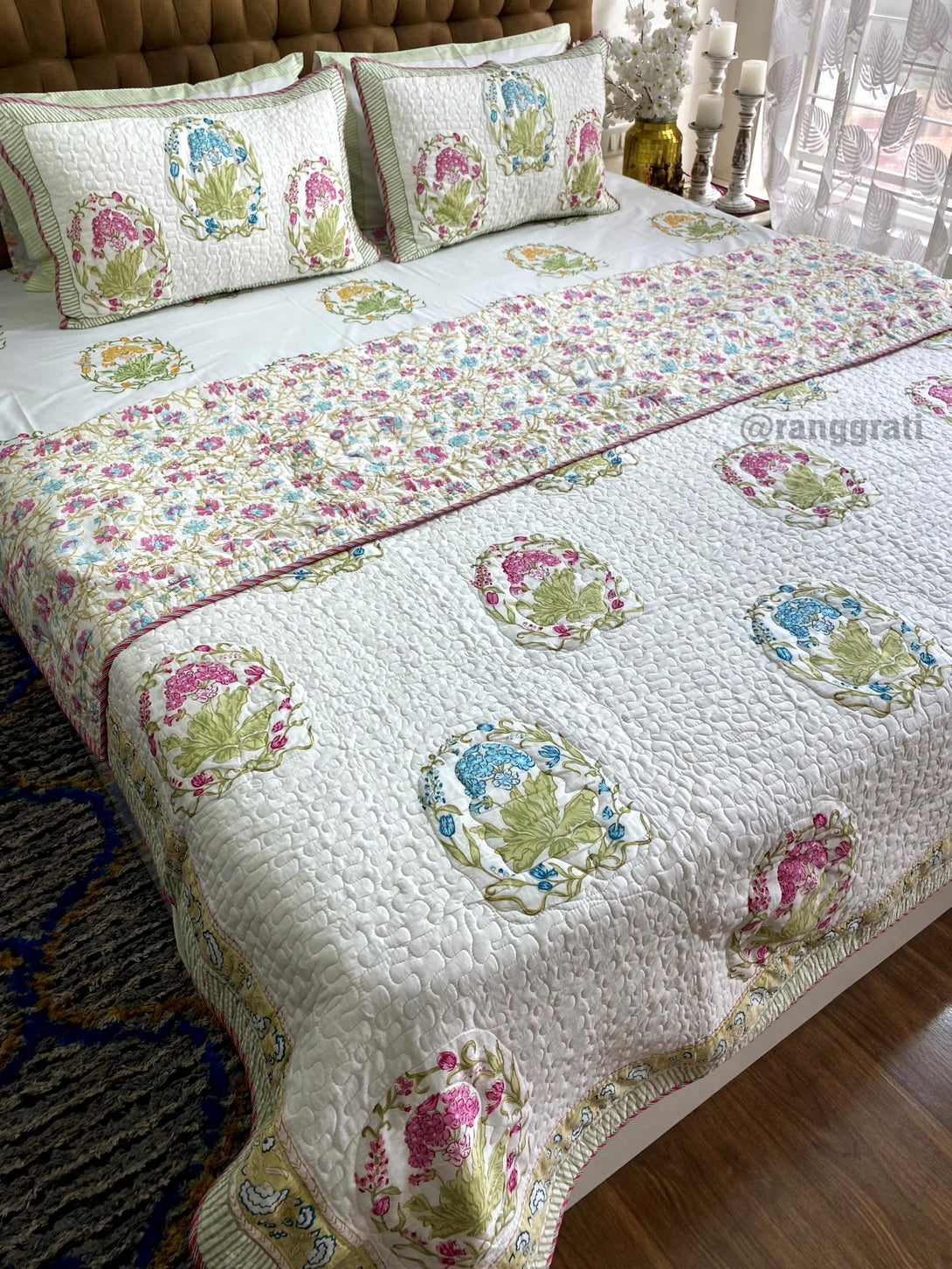 King-Size Blue & Pink Floral Sheet with Reversible Quilted Cover