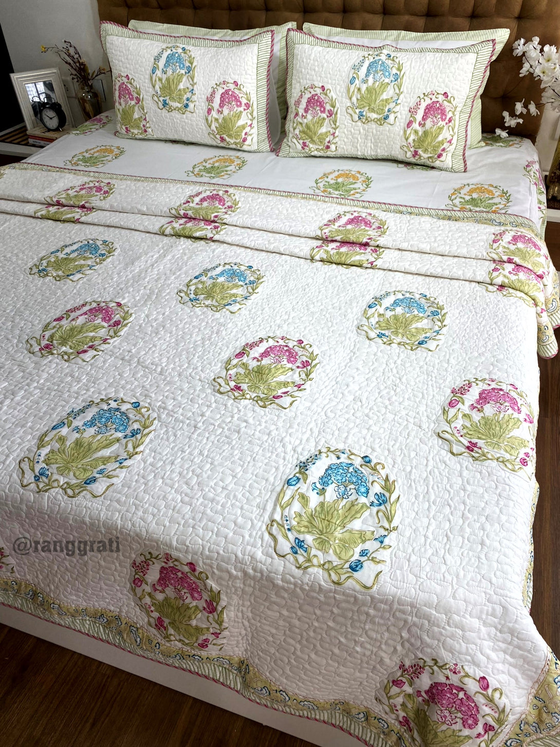Bedding Set in Blue & Pink Florals with Lightweight Quilted Bedcover