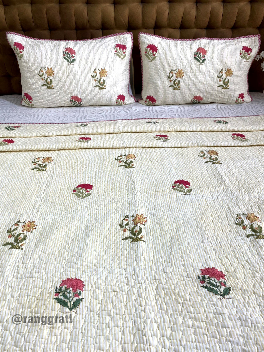 Yellow Pink Floral Quilted Bedcover Super King 108 X 108