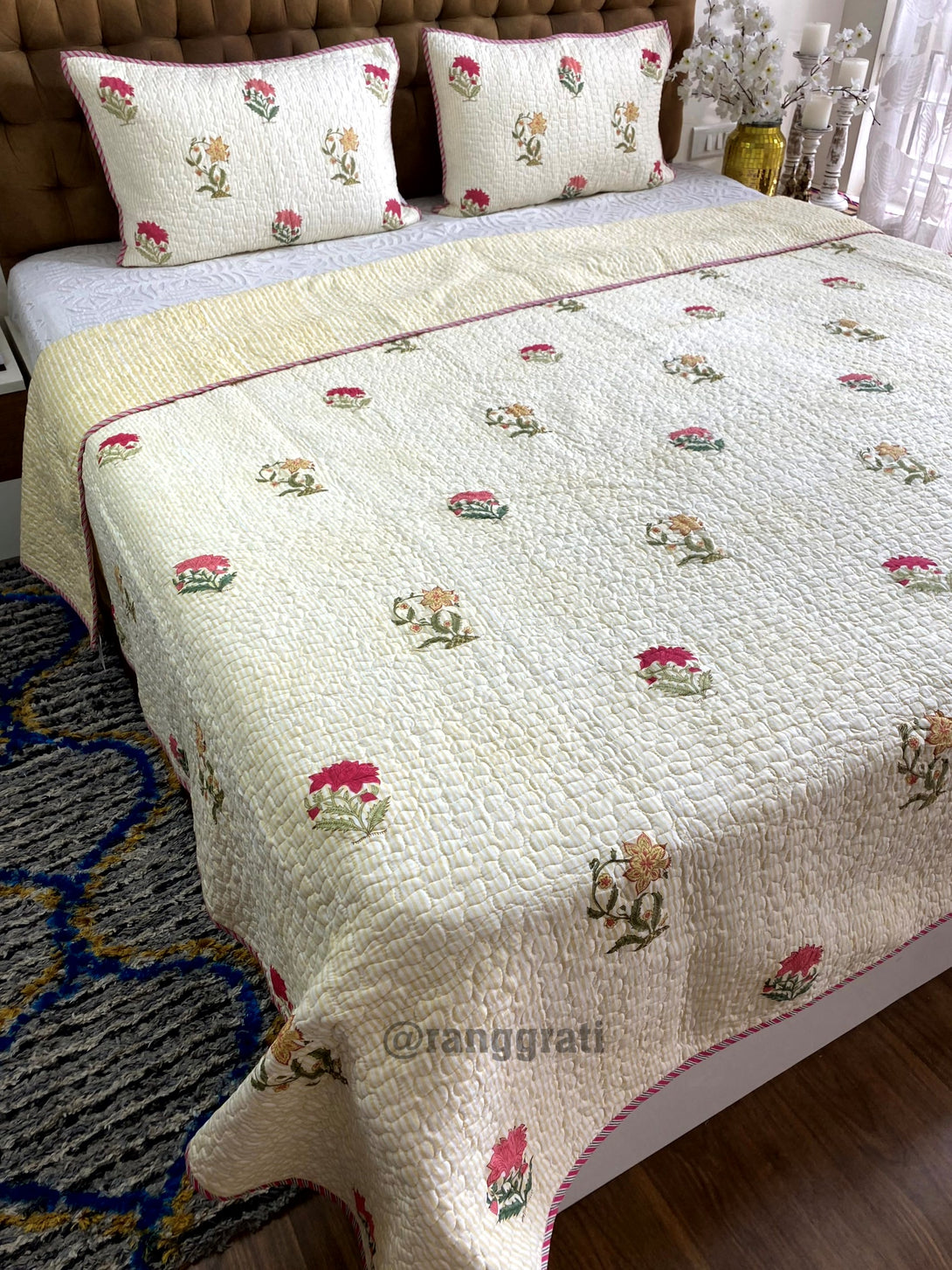 Yellow Pink Floral Quilted Bedcover Super King 108 X 108 Reversible
