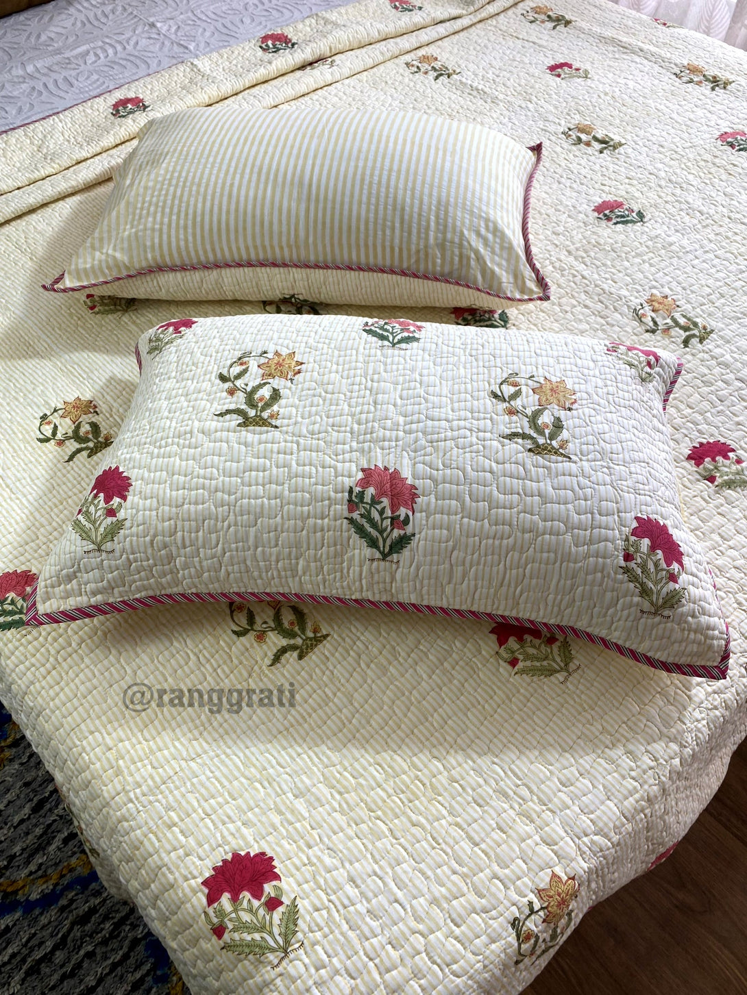 Yellow Pink Floral Quilted Bedcover Super King 108 X 108 With Pillow Covers